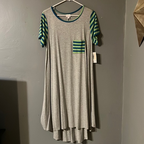 NWT Lularoe Carly Hi-Lo dress in heather grey w lime/blue accents. Size M. - Picture 1 of 6